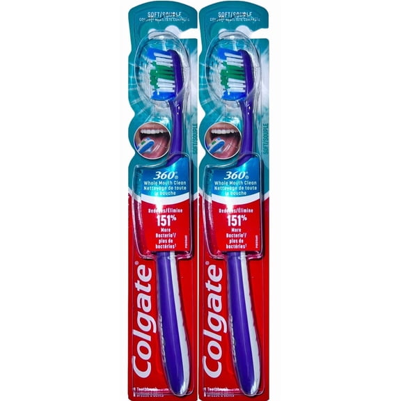 Colgate 360 Whole Mouth Clean Toothbrush, Soft Compact Head (Colors Vary) - Pack of 2