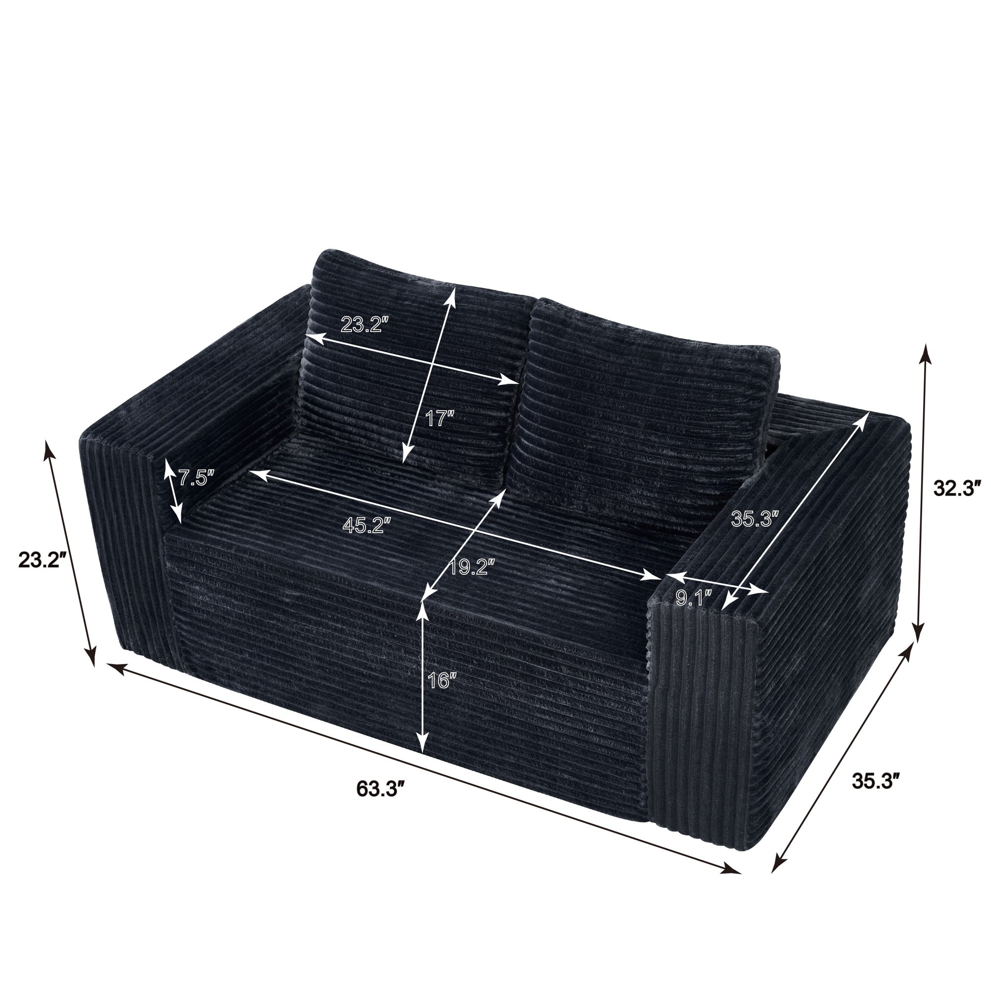 HOQBN 63 Inch Loveseat Sofa,Upholstered Compressed Couch with High-Density Foam Cushion,Corduroy No Frame 2-Seat Loveseat,Comfortable Floor Sofa for Bedroom,Office,Living Room,Small Spaces,Dark Gray