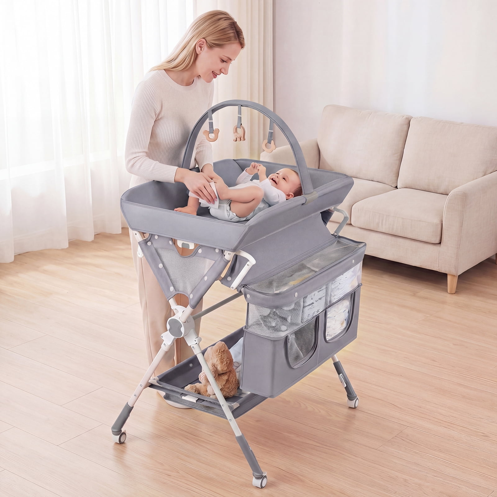 INFANS Portable Baby Changing Table with Wheels, Foldable Diaper Changing Station with Adjustable Heights, Large Organizer Storage for Newborn Infant