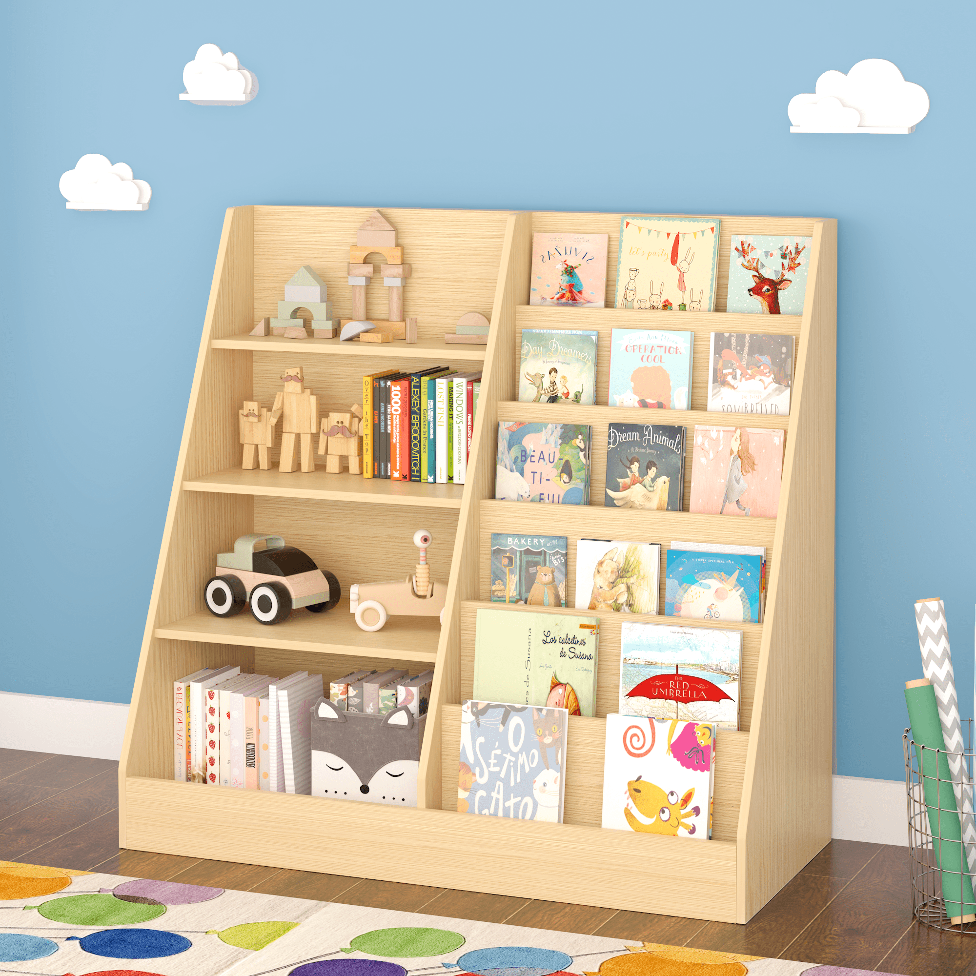 Kids Furniture Kids Bookshelf and Toy Storage Organizer, Multifunctional 4 Tier Wooden Kids Book Shelf with Bookcase Display Stand in Kids Room Playroom Nursery for Kids, Children, Toddlers (Natural)
