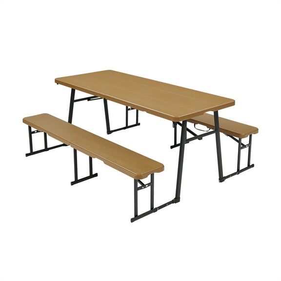 Living and More 3-Piece Picnic Table Set, 6 Foot Polyethylene Folding Table with 2 Folding Benches, Weather Resistant, Indoor Outdoor, Dark Brown Wood Finish with Black Metal Legs