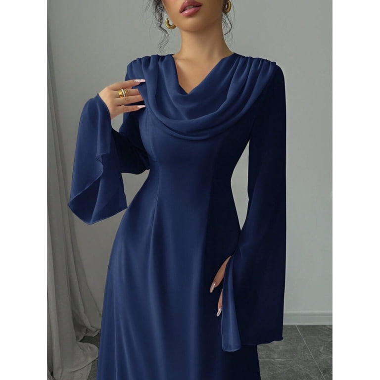 cowl neck flare dress Navy Blue Elegant Cowl Neck Flare Sleeve Maxi Dress For Women