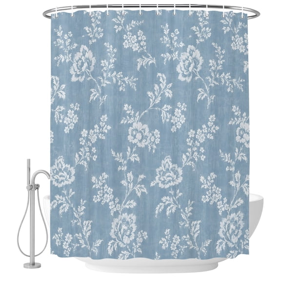 66x72 Inch Shower Curtains for Bathroom, Watercolor Floral Fabric Bath Curtain Decor, Spring Botanical Flowers Rustic Blue Waterproof Restroom Curtains Shower Set Accessories with 12 Hooks 66 Inch