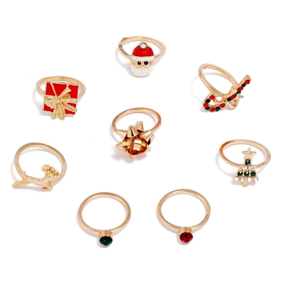 8pcs/set Christmas Santa Rings for Women Fashion Cute Gold Color Finger Rings Holiday Party Jewelry Accessory Gift