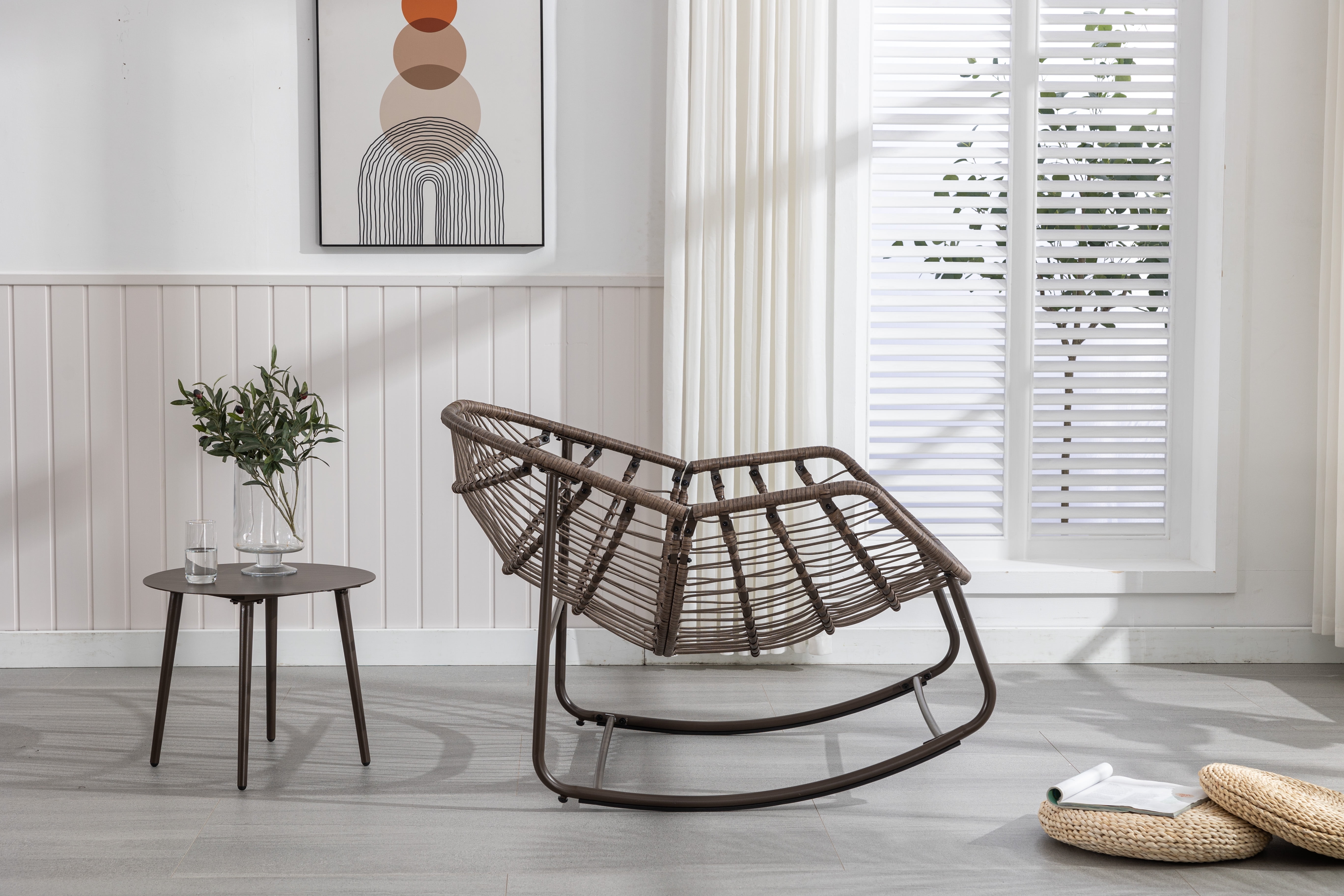 Outdoor Rattan Rocking Chair Oversized with Padded Cushion, Hand-Woven Egg Rocker for Front Porch and Garden, Navy Blue