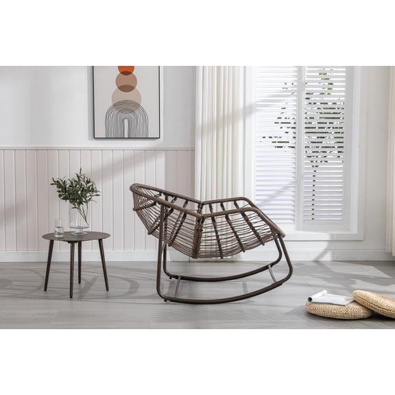 Outdoor Rattan Rocking Chair,Padded Cushion Rocker Recliner Chair Outdoor for Front Porch, Living Room, Patio, Garden, White