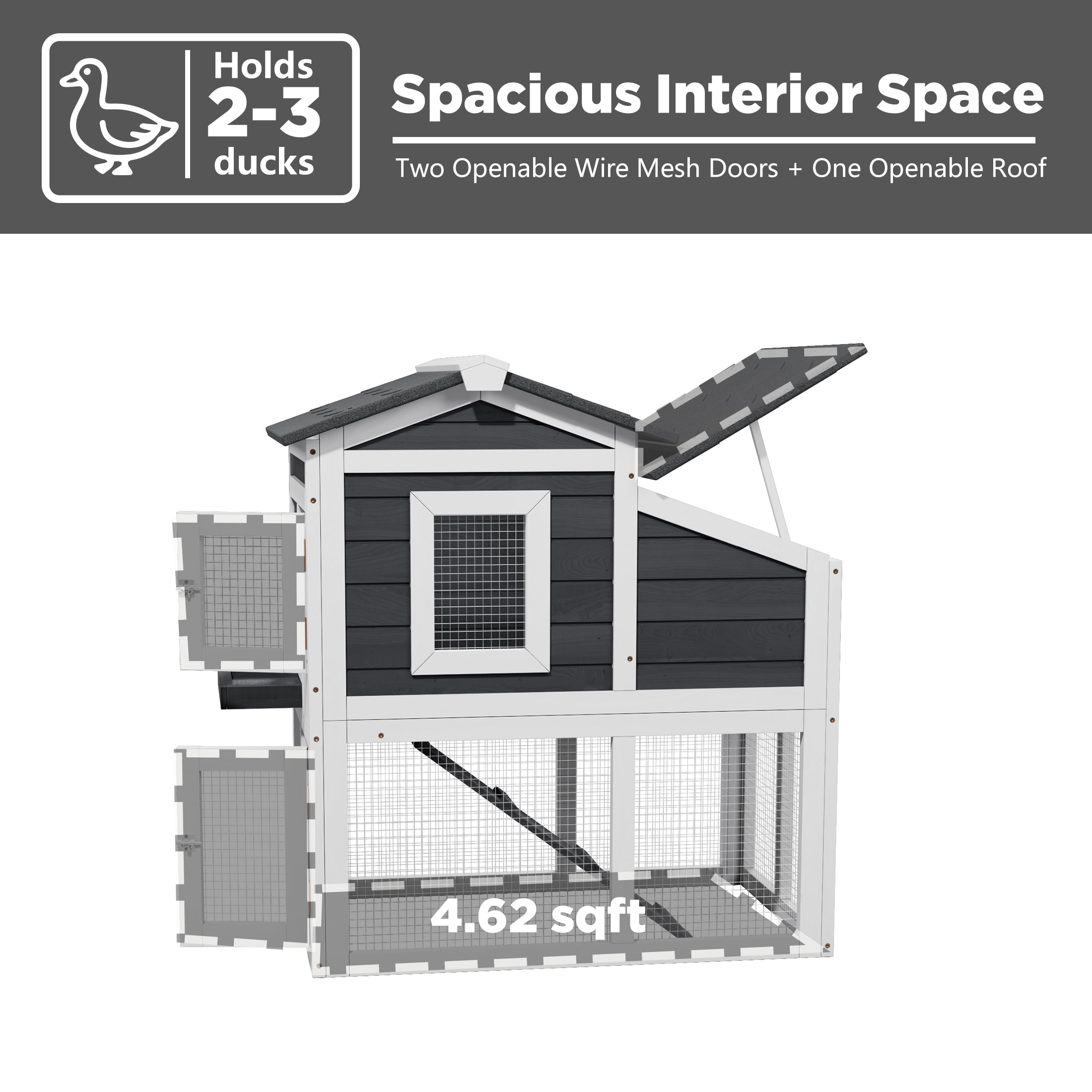 Outdoor 2-Tier Weatherproof Duck Coop, Wooden Duck Hutch with Open Roof, Suitable for 2-3 Ducks, Black & White