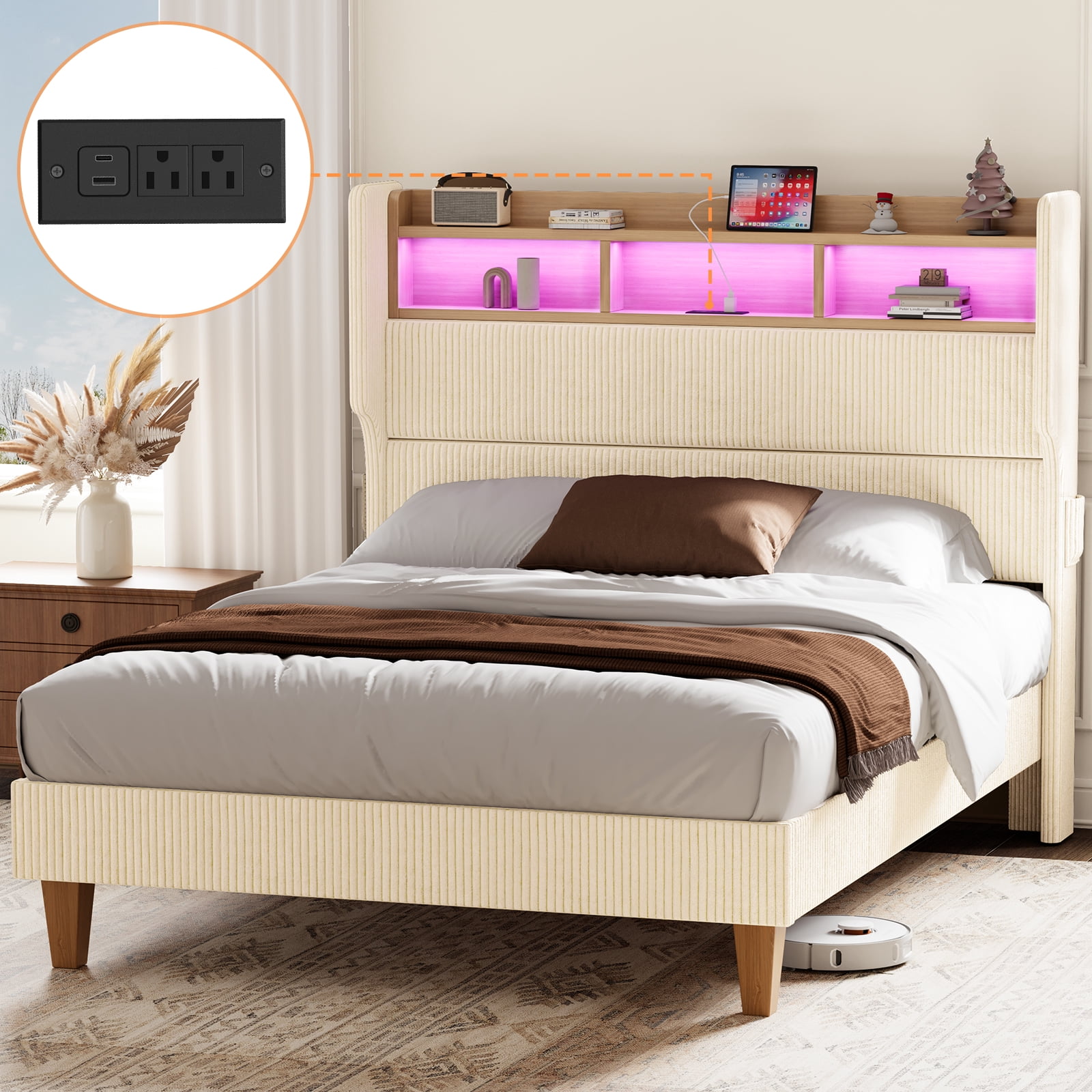 Bed Frame Queen Size with 51" Tall Headboard, LED Lights and Charging Station, Corduroy Upholstered Bed Frame Queen with Storage Shelf, No Box Spring Needed, Beige
