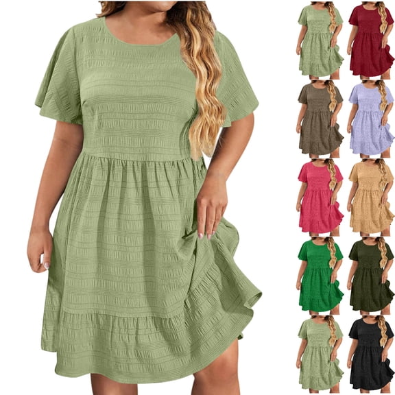 Tumotour Summer Tank Dress For Women'S Plus Size T-Shirt Dress Casual Solid Sleeveless Round Neck Ruffled Mini Dress
