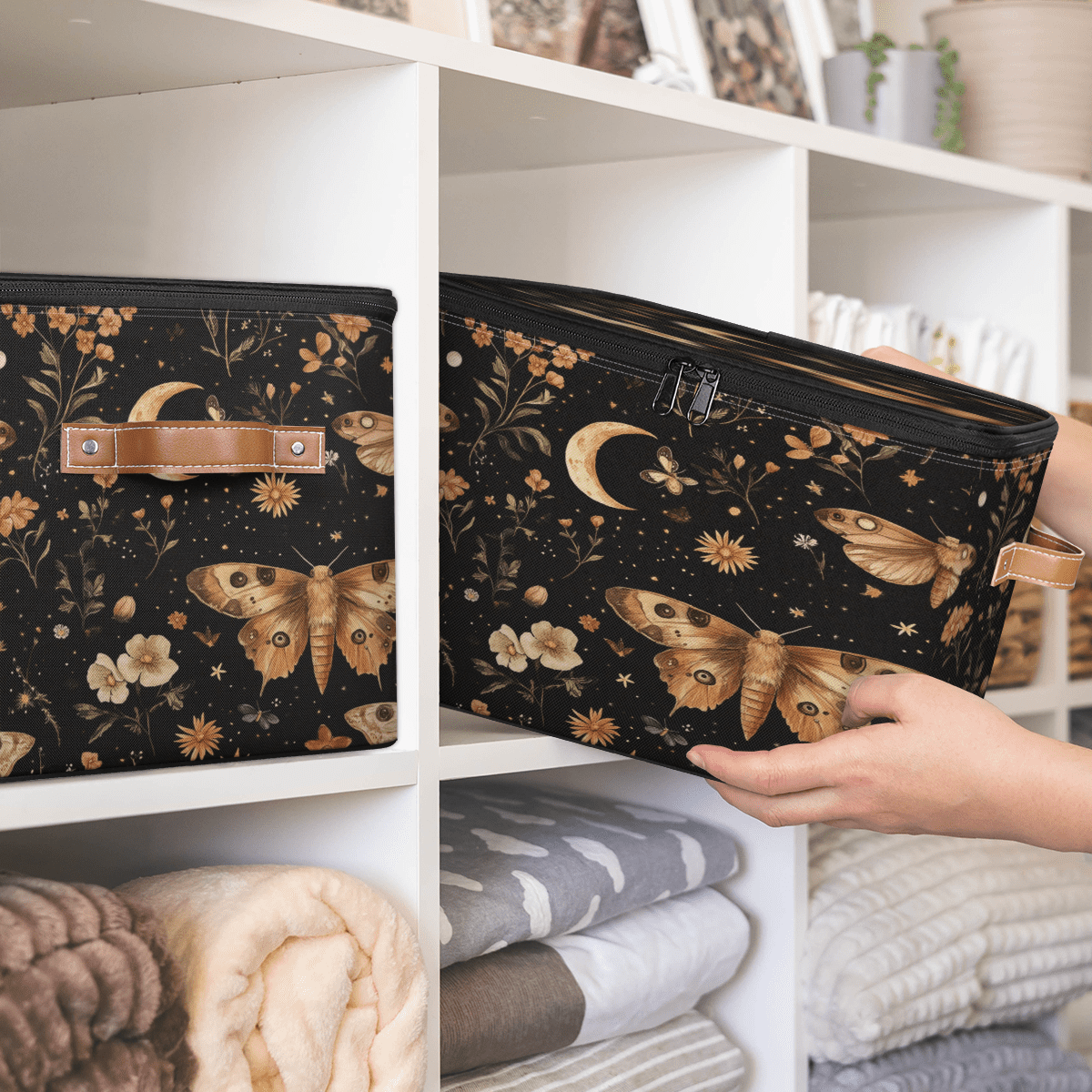 ADECORIVY Butterfly Storage Bin with Lid Fabric Moth Floral Moon Foldable Storage Baskets Boxes for Clothes Shelves Closet Organizer Containers with Leather Handles for Wardrobe