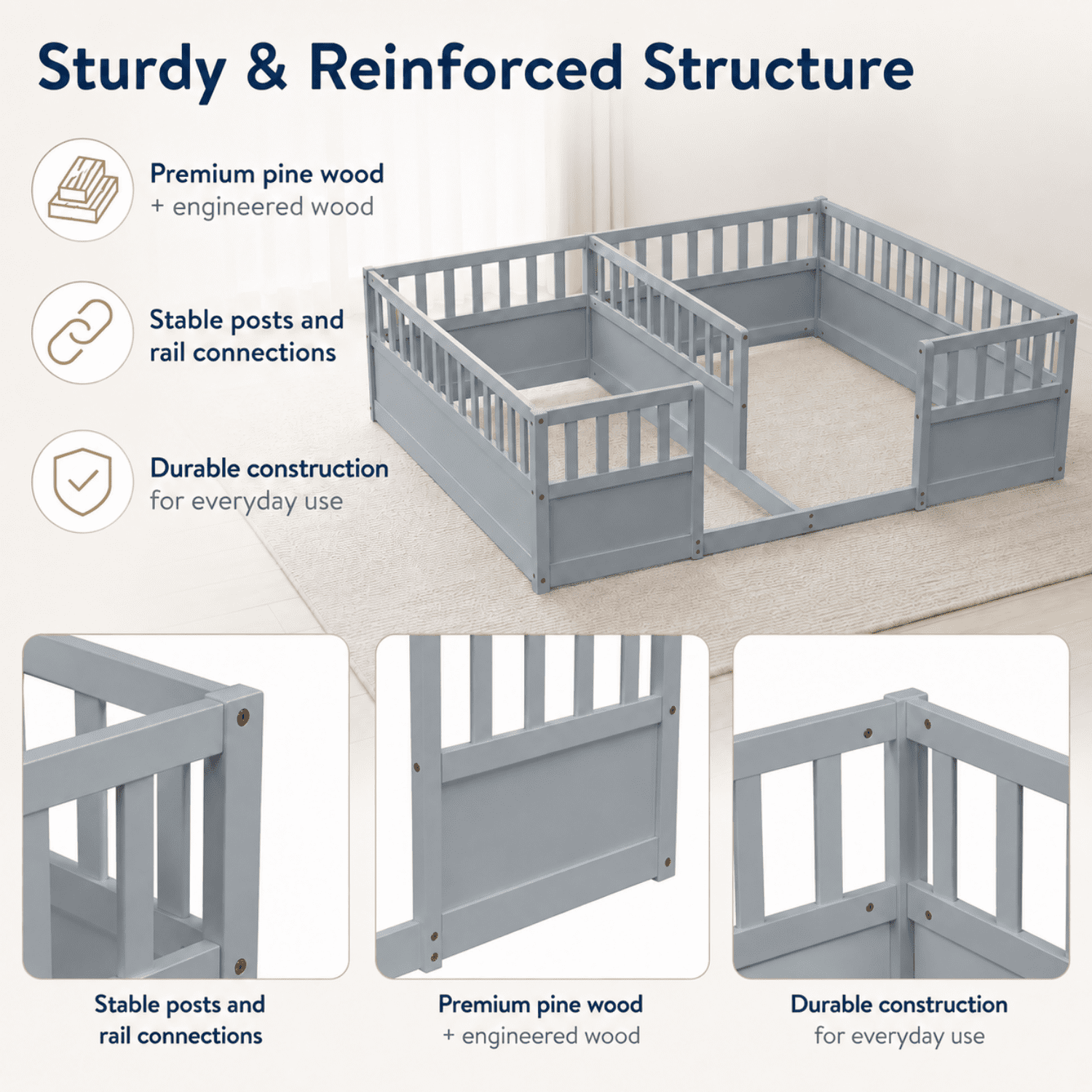 Miniyam Double Twin Size Floor Bed, Wood Kids Bed with Guardrails, Gray