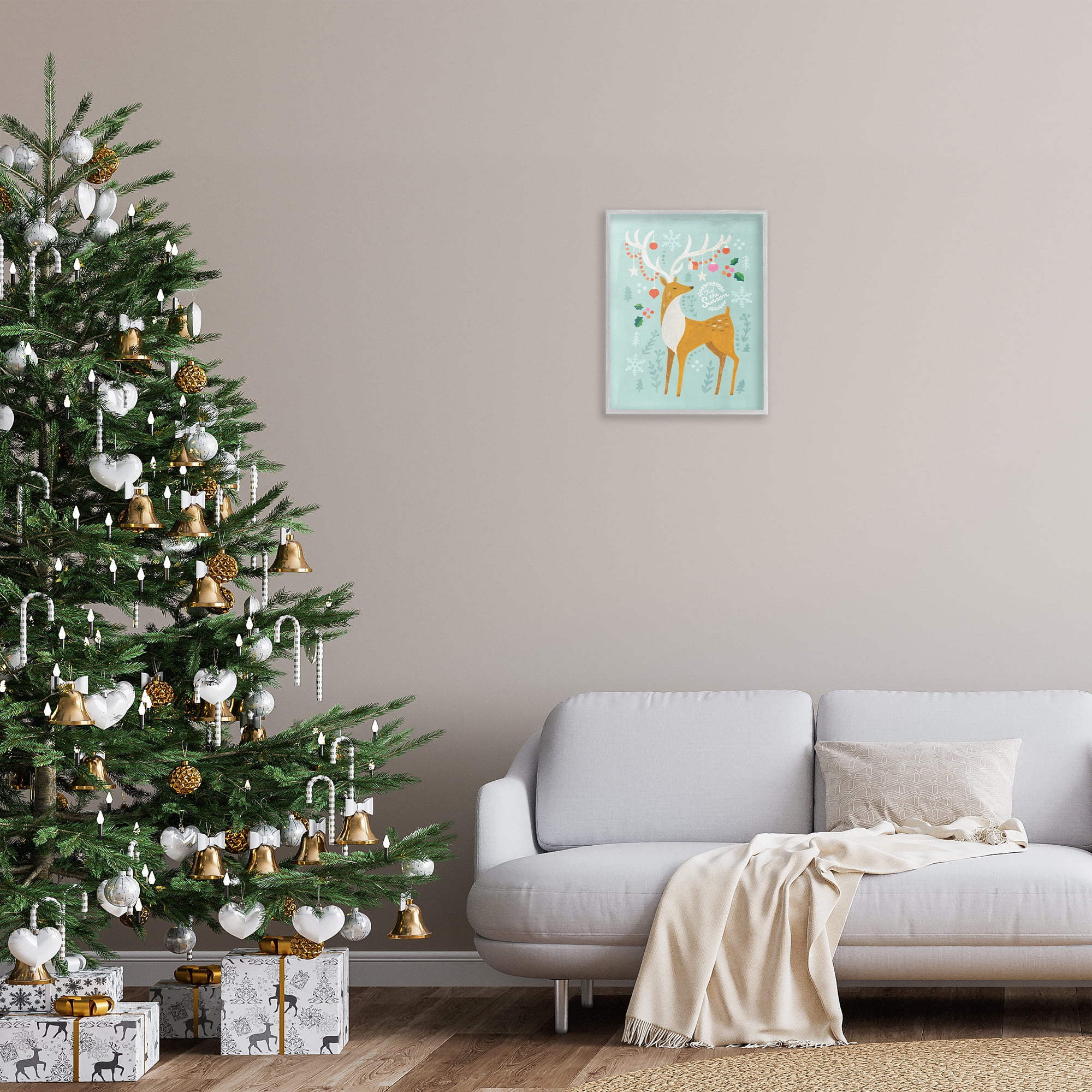 Stupell Industries Tis The Season Reindeer Holiday Painting Gray Framed Art Prints Wall Art, 16 x 20