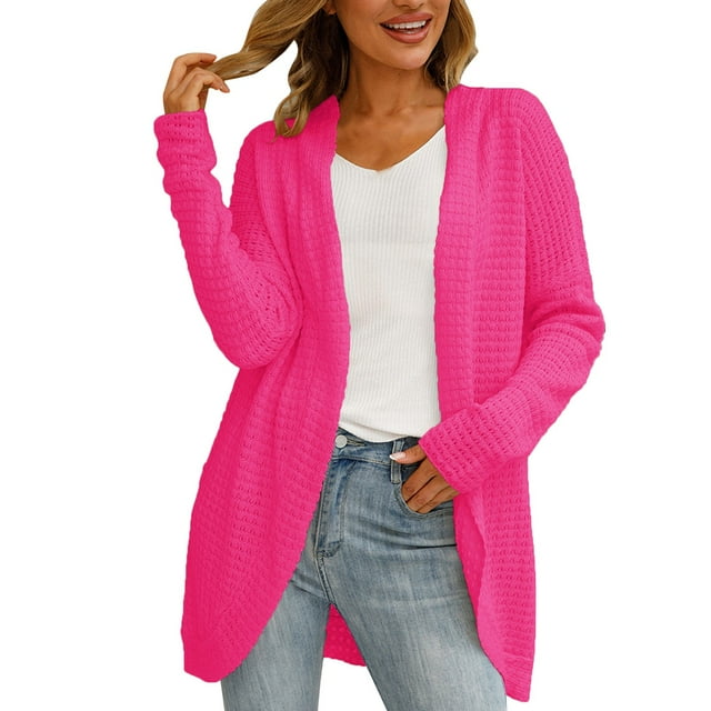 Manteau d'Hiver pour Femmes Mode Mi-Long Trench Coat Tricoté Chaud Manteau Extérieur Col Rond Tricot Couleur Unie Pardessus Manches Longues Cardigan Ouvert