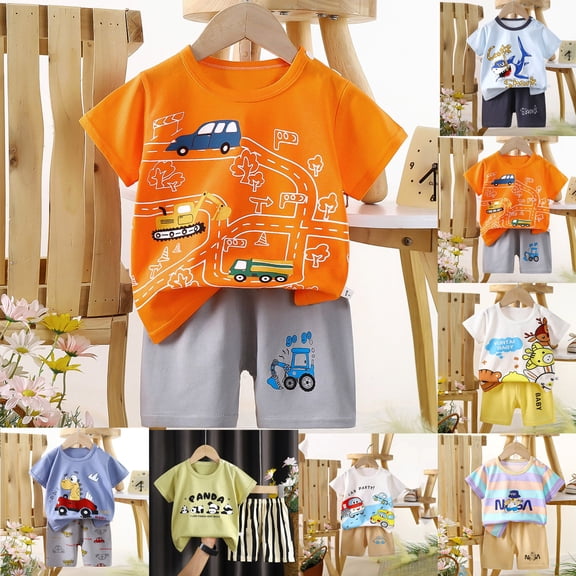 RTKFRFLM Toddler Summer Playwear, Cute Cartoon Character Print Short Sleeve Outfits