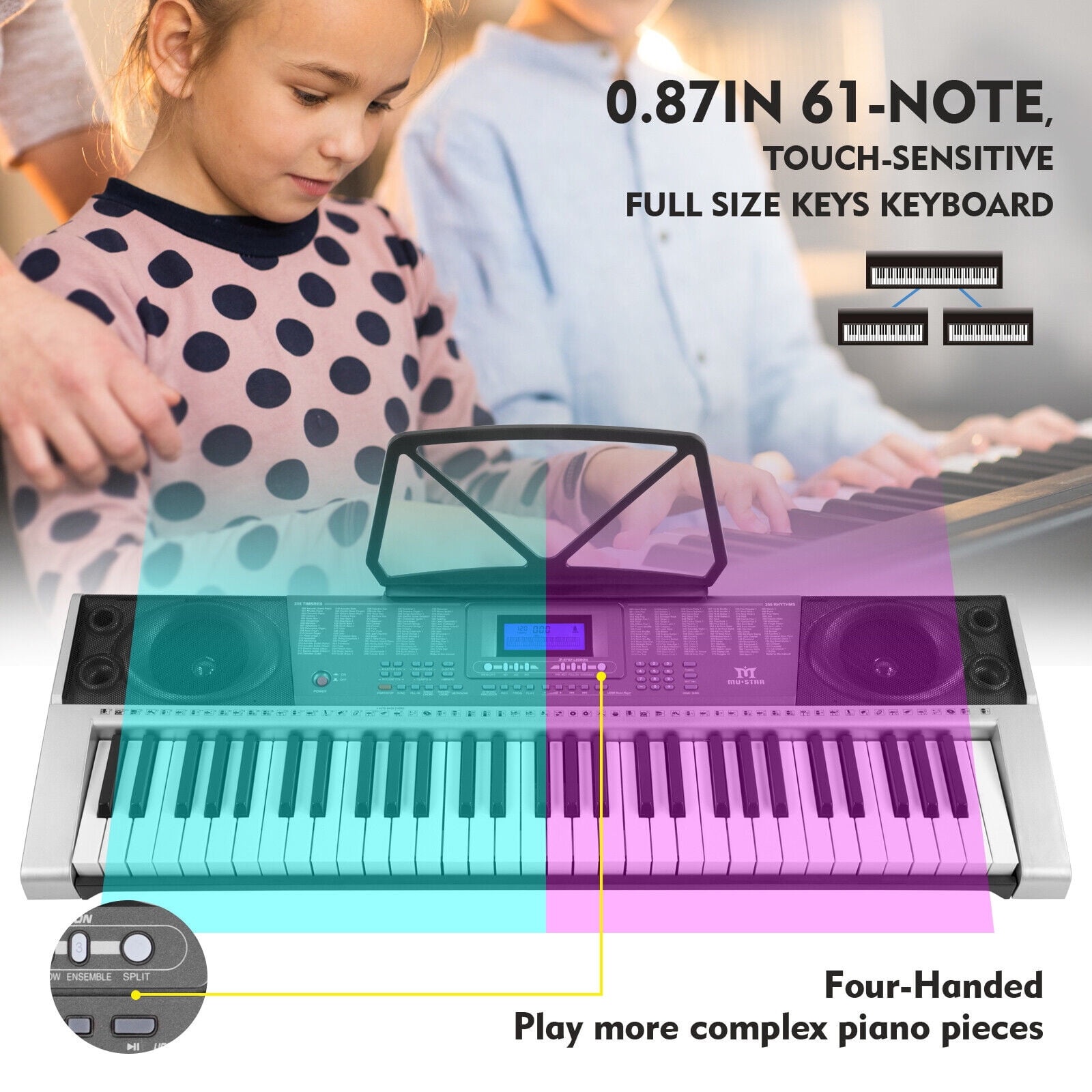 MUSTAR Full Size 61 Key Electric Piano Keyboard w/Stand,LCD Screen,Headphones,Microphone(Gray)