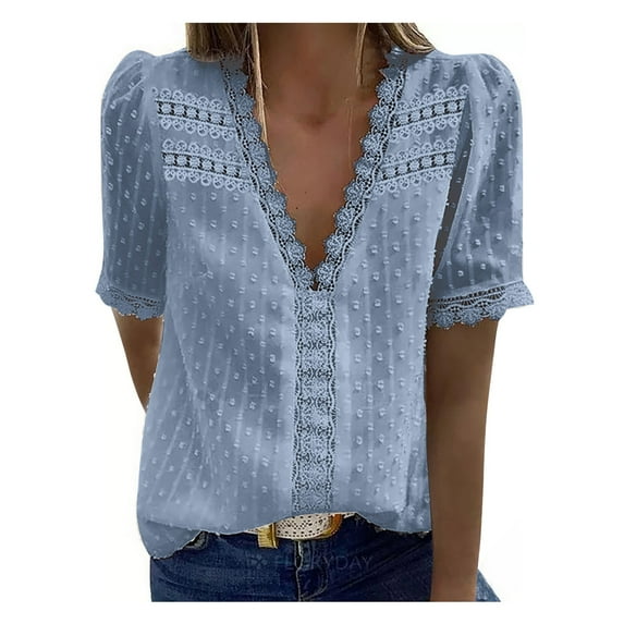 Bigersell Women Summer Tops Fashion Women Casual Solid Short Sleeve V-Neck Lace T-Shirt Blouse Tops Women's Plus Ruffles Square Neck Short Sleeve Western Shirts Style B22534, Blue S