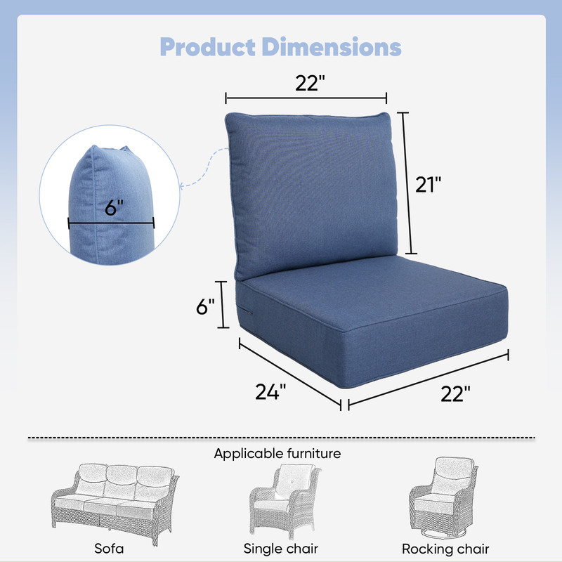 Gymojoy 22 in. x 24 in. x 6 in.Deep Seat Cushion Set, Olefin 2-Piece Deep Seating Outdoor Replacement Lounge Chair loveseat Sofa Cushion in Blue