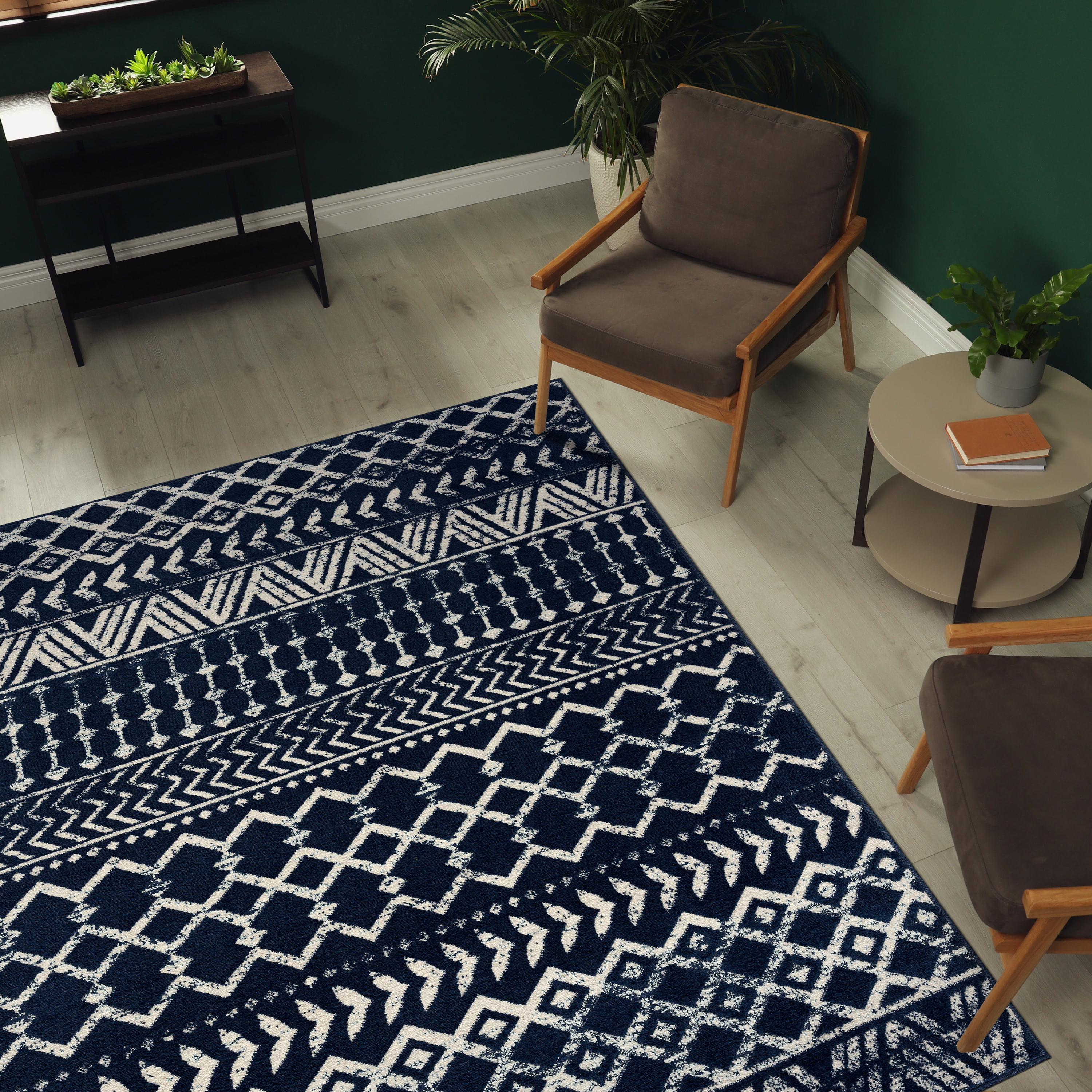CAMILSON Crystal Navy Blue Area Rug 5'x7' Oval Boho for Living Room Bedroom Dining Room Navy Blue / Cream Indoor Area Rugs