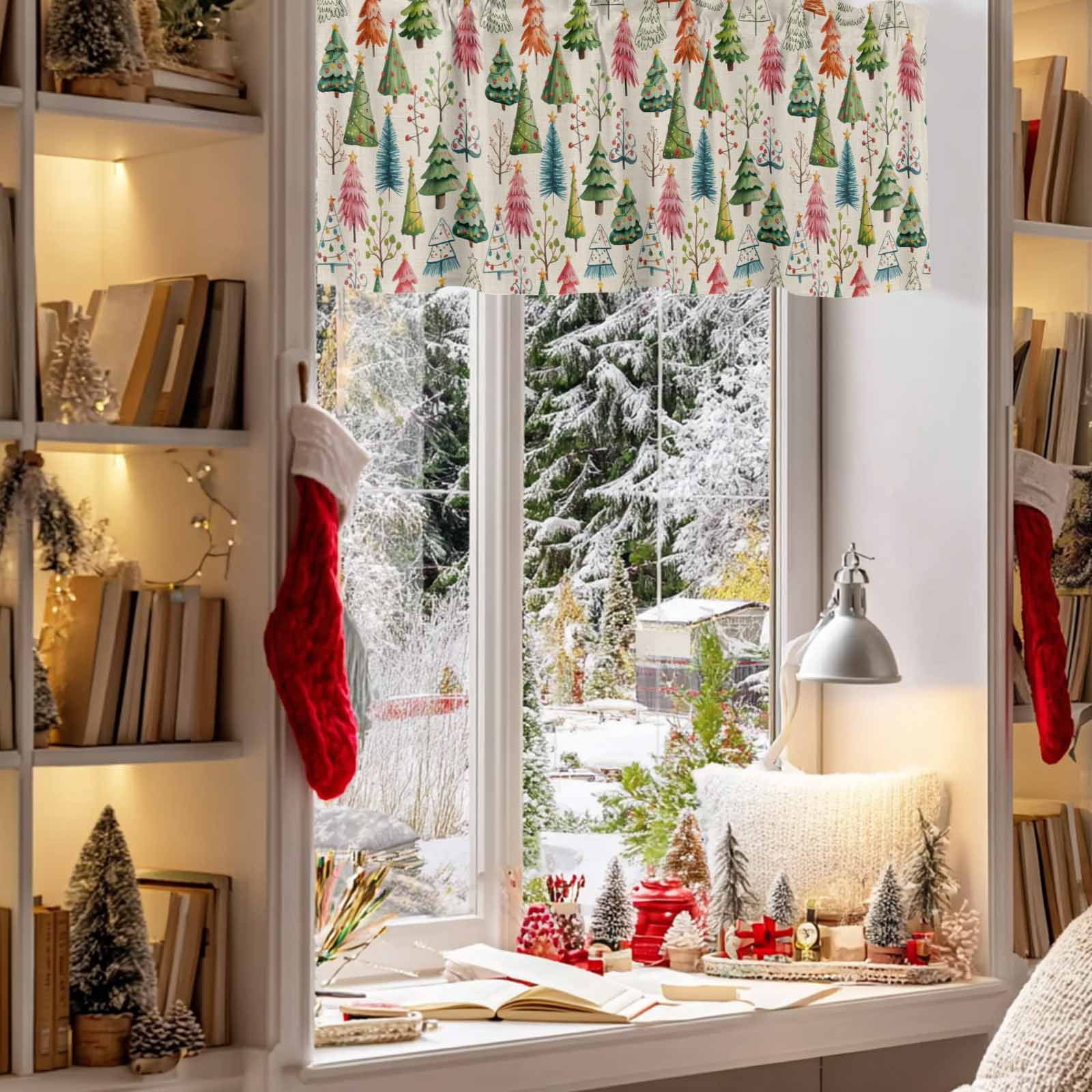 Vintage Christmas Tree Valances for Windows,Kitchen Valance Rod Pocket Short Curtain,Winter Plant on Linen Valance Curtain Window Valances for Bedroom 54x18in