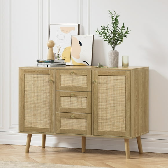 Eumyviv Sideboard Buffet Cabinet, Accent Rattan Storage Cabinet with 2 Doors 3 Drawers and Adjustable Shelves for Living Room Bedroom Dining room, Rustic Oak H0028