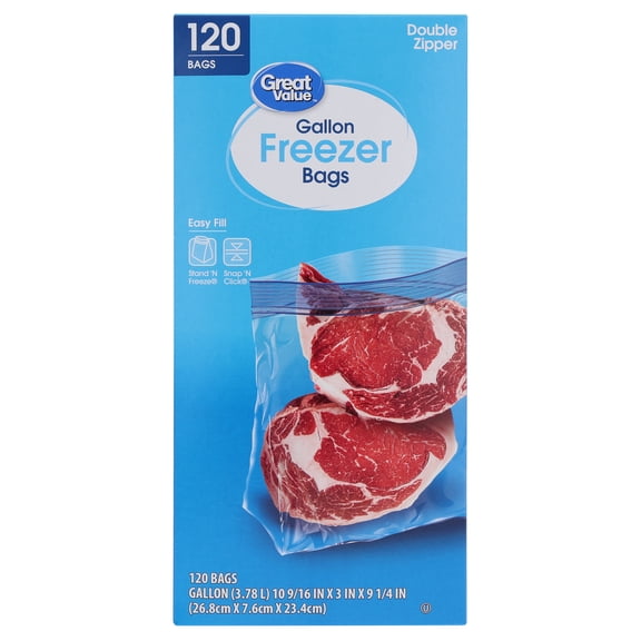 Great Value Gallon Freezer Bags with Double Zipper, 120 Count