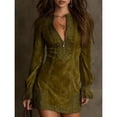 thumbnail image 3 of Women's Zipper V-neck Long Sleeve Loose Embroidered Dress, 3 of 4