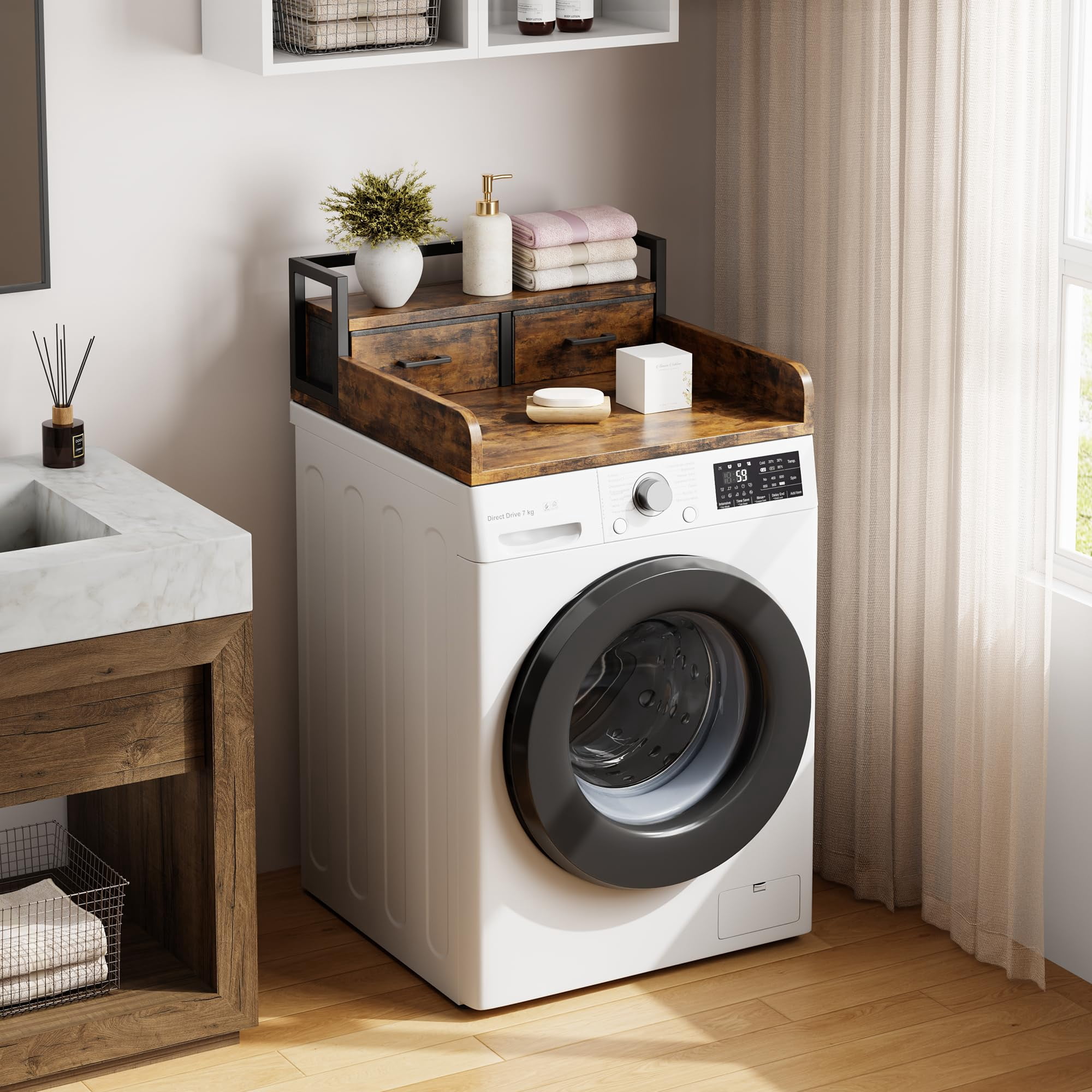 Studyset 2-Tier Washer Dryer Countertop, Laundry Countertop Organization, Washing Machine Countert with Shelf and 2 Drawers, Wooden Washer and Dryer Topper with High Guardrails for Laundry