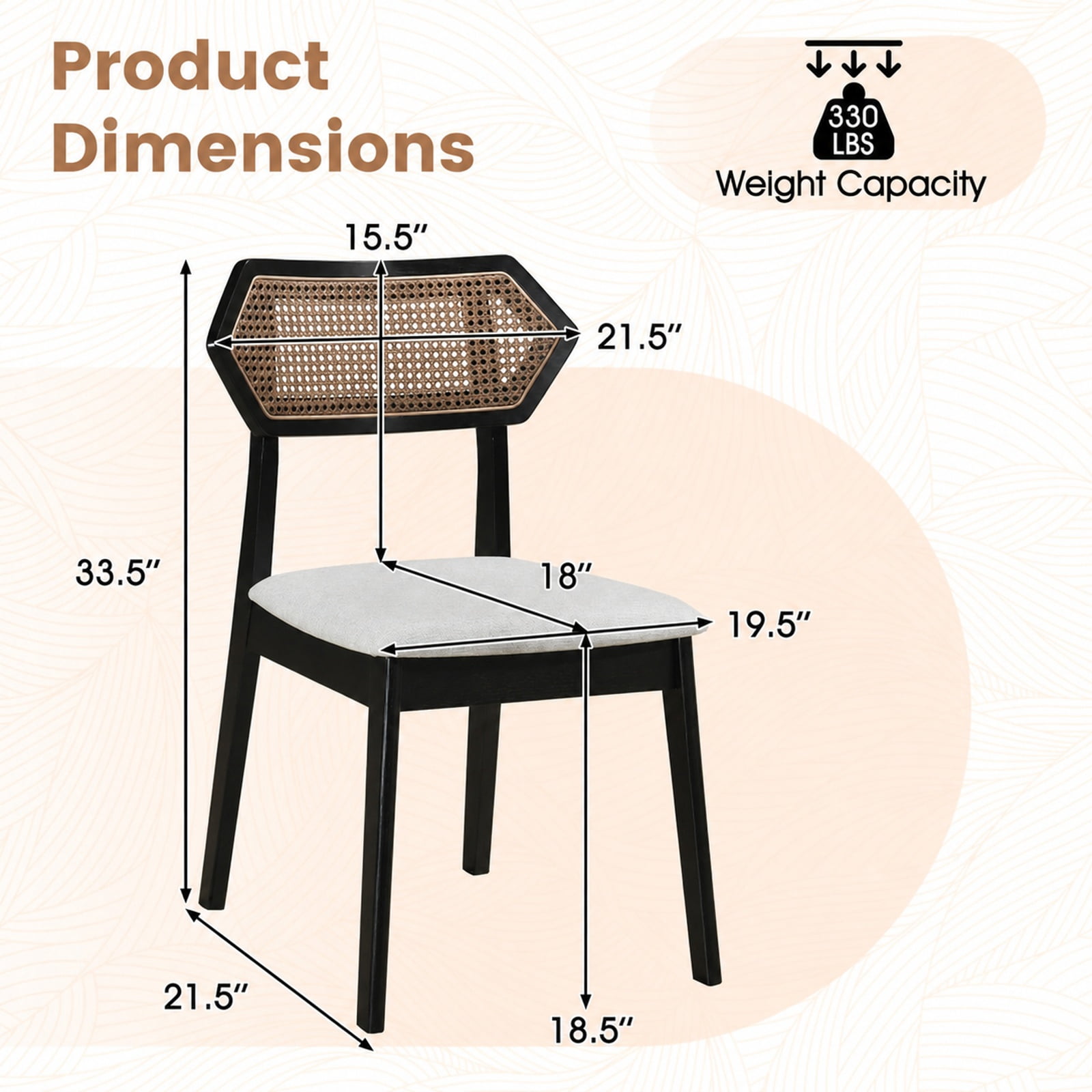 Furnibear Mid Century Rattan Dining Chairs Set of 2 with Woven Rattan Back and Solid Wood Frame for Kitchen Dining Room, Black