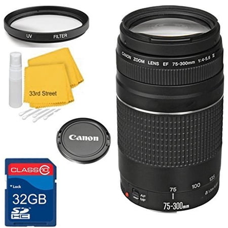 Canon EF 75-300mm III f/4-5.6 Telephoto Zoom Lens Bundle+ 32GB SD Card + UV Filter + Cleaning Kit- For Canon T2 DSLR