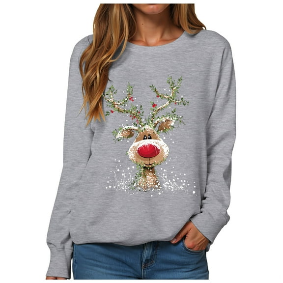 larppty Sweatshirt Women Christmas Reindeer Print Long Sleeve Sweater Xmas Crewneck Pullover Casual Blouse Tops (Grey, L)