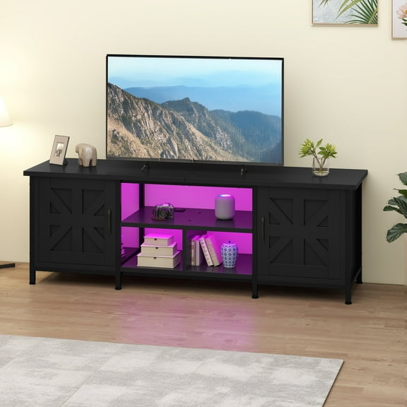 ModFusion 63-Inch Black TV Stand for TVs up to 70", LED Lights, Power Outlets, Storage Shelves, Metal Frame Entertainment Center