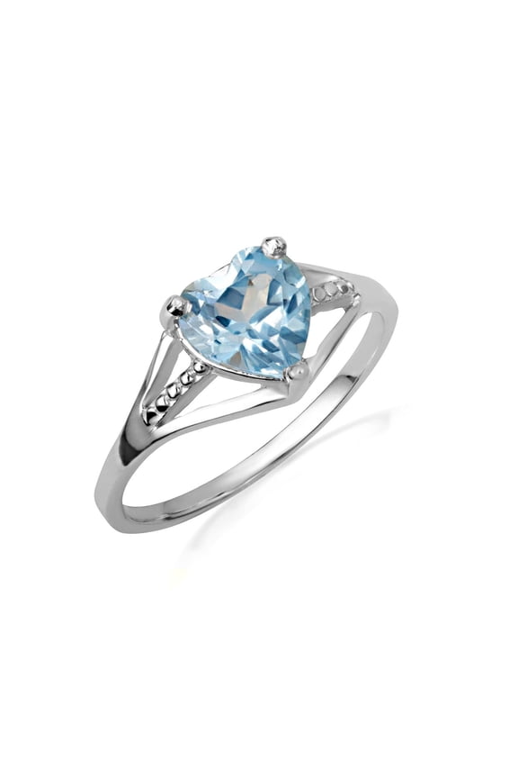 925 Sterling Silver Heart Beaded Cubic Zirconia Birthstone Love Ring Aquamarine (SIZE 11)