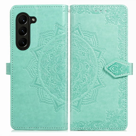 ELEHOLD for Samsung Galaxy Z Fold 5 Wallet Case, Embossed Mandala Leather Magnetic Clasp Kickstand Function Premium Wallet Case with Card Slots Holder for Samsung Galaxy Z Fold 5 2023,Green