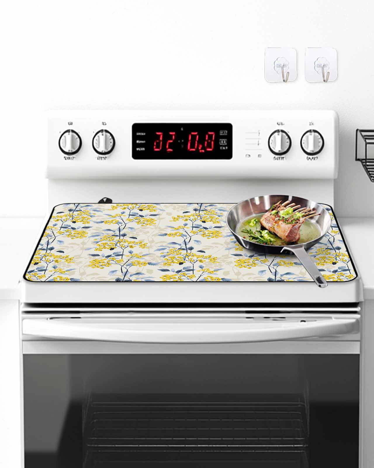 Stove Top Covers for Electric Stove, Yellow Blue Spring Floral Glass Stovetop Cover Protector, Summer Botanical Farmhouse Induction Cooktop Protector Oven Mat for Kitchen Countertop 24"x21"