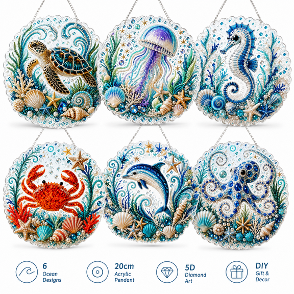 20cm Ocean Theme Acrylic Diamond Painting Kit, 5D DIY Craft Pendant Ornament, Clear Marine Hanging Accessory for Beginners, Gifts, Bags & Home Decor