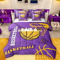 Feelyou Eat Basketball Sleep Twin Bedding Sets 7-Piece for Boys, Purple Gold Graffiti Bedding Comforter Set, Modern Sports Theme Reversible Sheet Sets, Microfiber Bedroom Decor