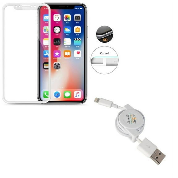 iPhone XS/X - Retractable USB Cable w Tempered Glass Screen Protector - Charger Power Cord Sync Wire Fast Charge, 5D Touch Curved Edge Full Cover Bubble Free Case Friendly 9H Hardness