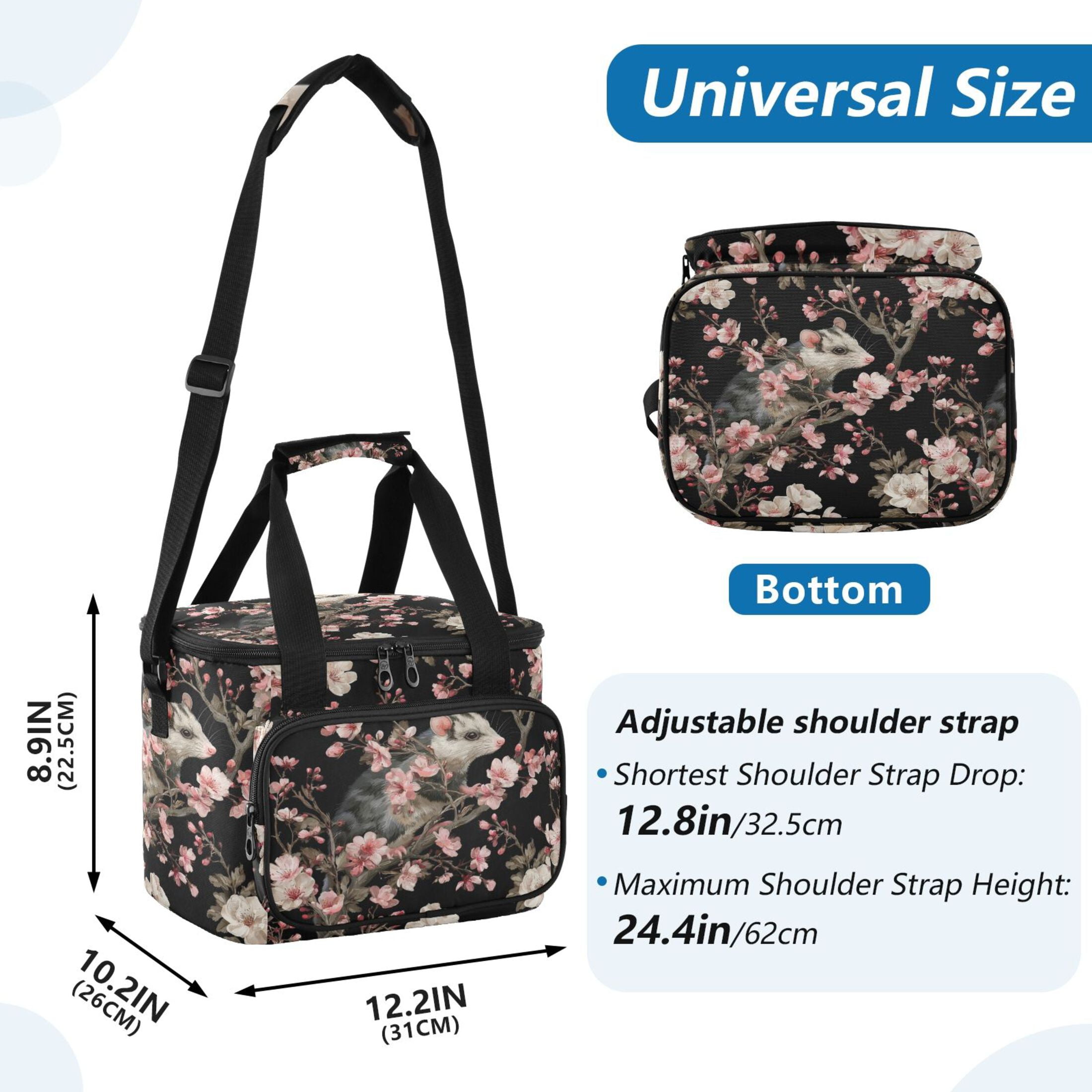 Insulated Cooler Bag with Multiple Pockets Lightweight Lunch Box Tote for Travel Beach Camping Office Watercolor Opossum Pattern