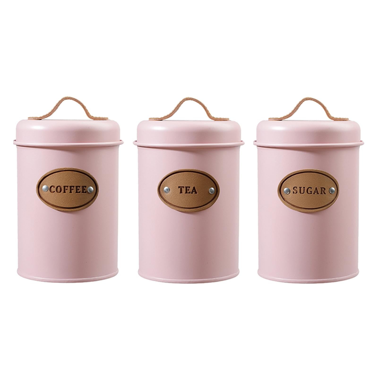 Set of 3 800ml Pink Stainless Steel Glass Coffee Sugar Tea Canisters Storage Jar 