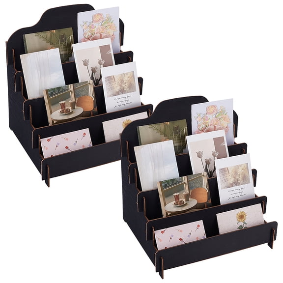 2Pcs 4 Tier Wooden Greeting Card Display Stand Black Portable Christmas Greeting Card Organizer Sticker Postcard Holder