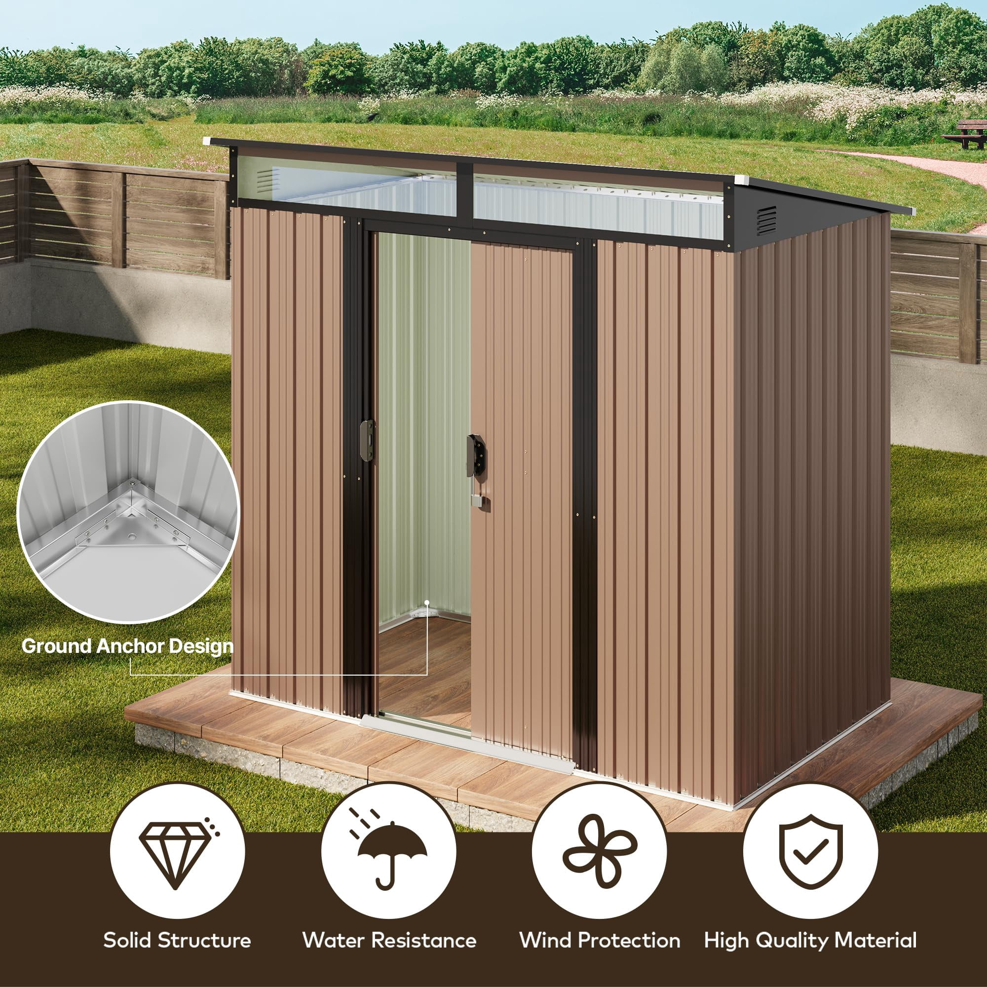 Lofka Outdoor Storage Shed with with Sliding Door, 6x4" Metal Garden Shed with Transparent Panel Windows for Patio & Lawn, Brown