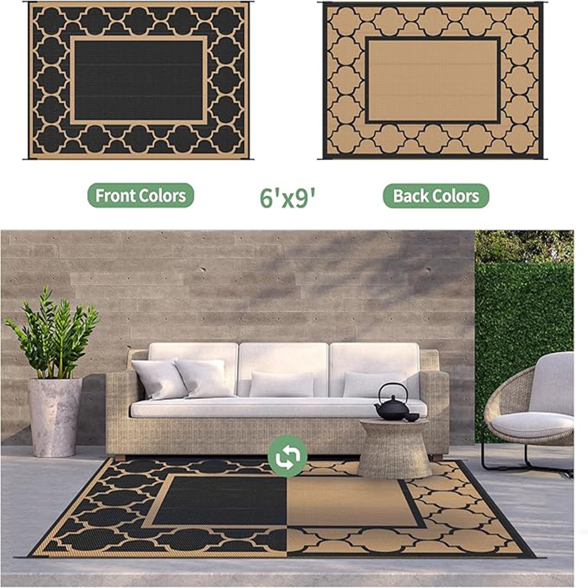 DEORAB 6'x9' Outdoor Rugs Waterproof Reversible Plastic Straw Patio Outside Carpet Camping RV Mat,Black & Brown