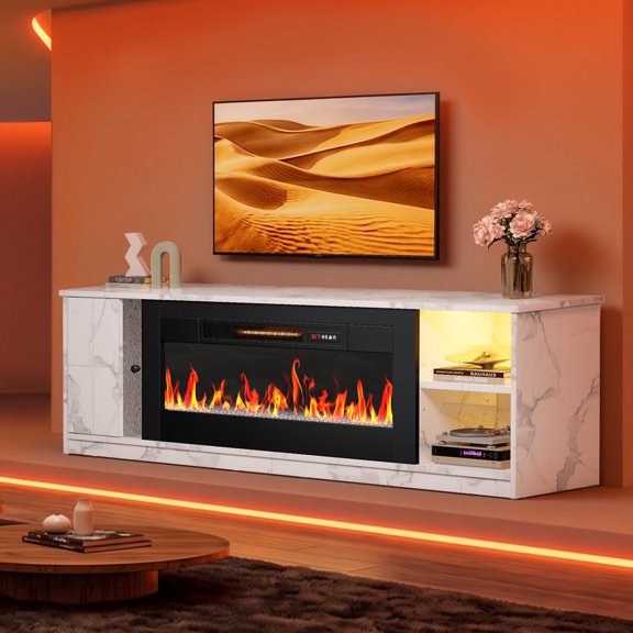 Pinmoco 36" Electric Fireplace TV Stand for TVs up to 80", LED Entertainment Center with Storage Cabinet, 7 Flame Colors, RGB Lights, White Marble