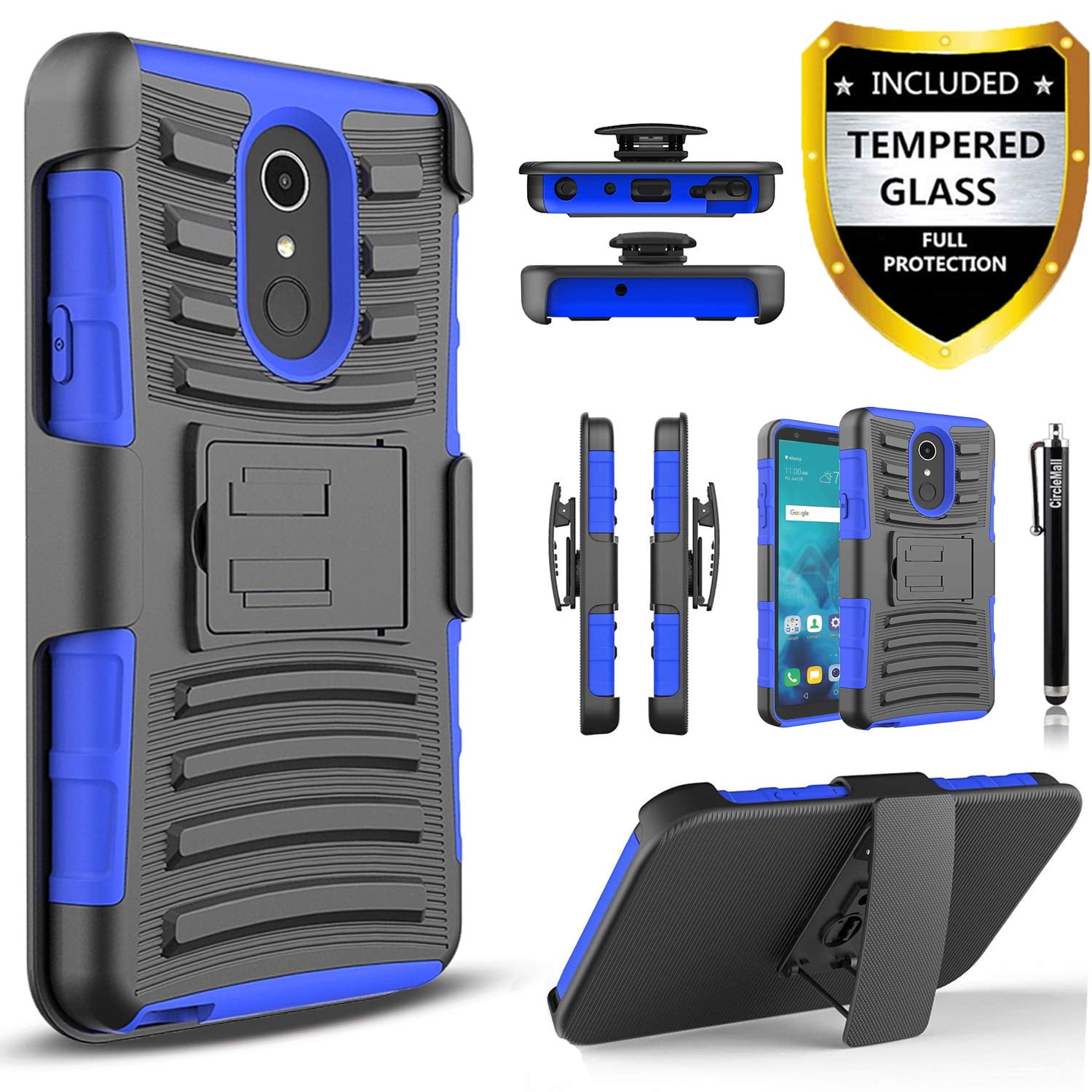LG Aristo 4 + Plus Case, LG Prime 2/Escape Plus/Arena 2/Tribute Royal/Journey LTE Case, With [Tempered Glass Screen Protector Included] Circlemalls Built-in Kickstand Belt Holster Phone Cover-Blue