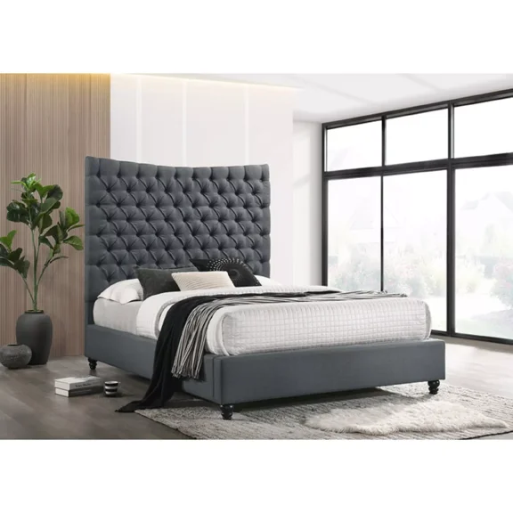 Modern Fabric Upholstered California King Platform Bed Frame with Diamond Tufted Headboard, Dark Gray
