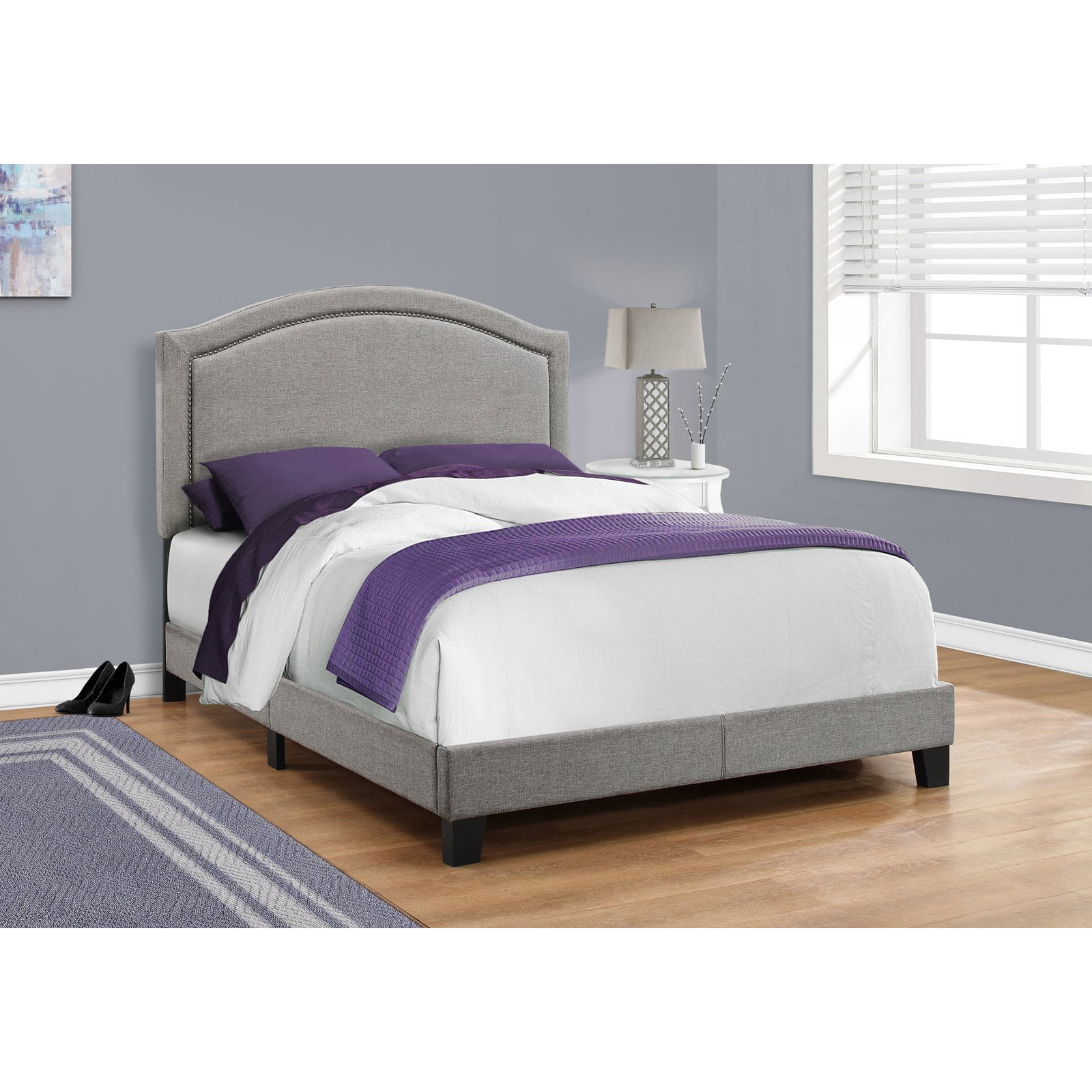 Bed Queen Size Grey Linen With Chrome Trim Com