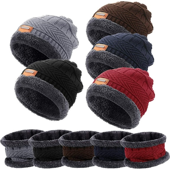 Mens Womens Winter Beanie Hat Scarf Set Warm Knit Hat Thick Fleece Lined Winter Cap Neck Warmer