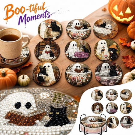 8pcs Halloween Ghost Black Cat Diamond Painting Coasters Set with Holder DIY Round Gem Art Coasters Fall Harvest Drink Coasters Halloween Table Decor Craft Kit for Adults
