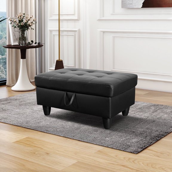 Faux Leather Storage Ottoman with Hidden Compartment for Bedroom, Black