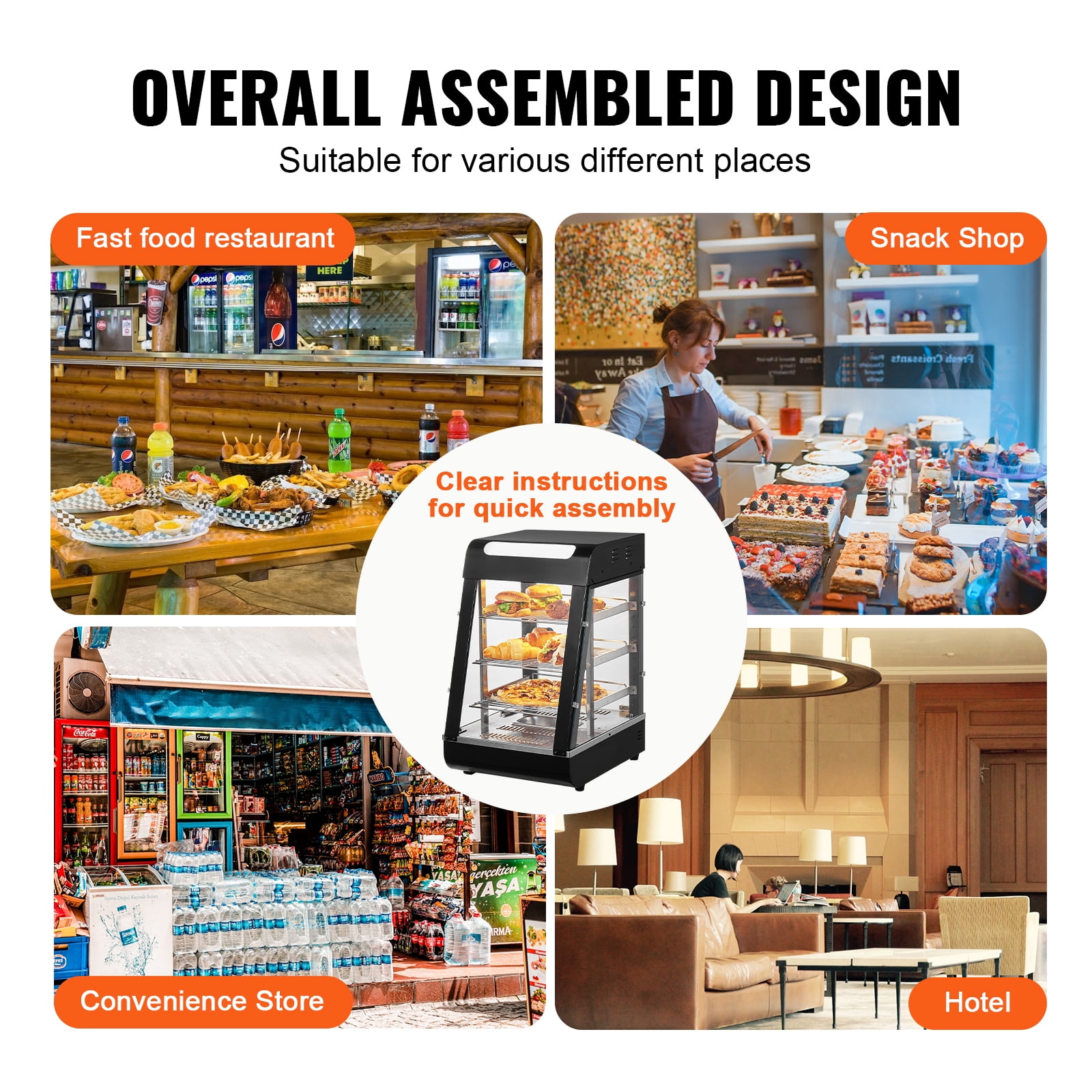 KFFKFF 3-Level Food Heating Showcase, 1000W with Illumination, Flexible Shelving & Temperature Control, 86℉~185℉ Steam Heat, 57L Capacity for Pizza, Burgers, Baked Goods, Fried Poultry